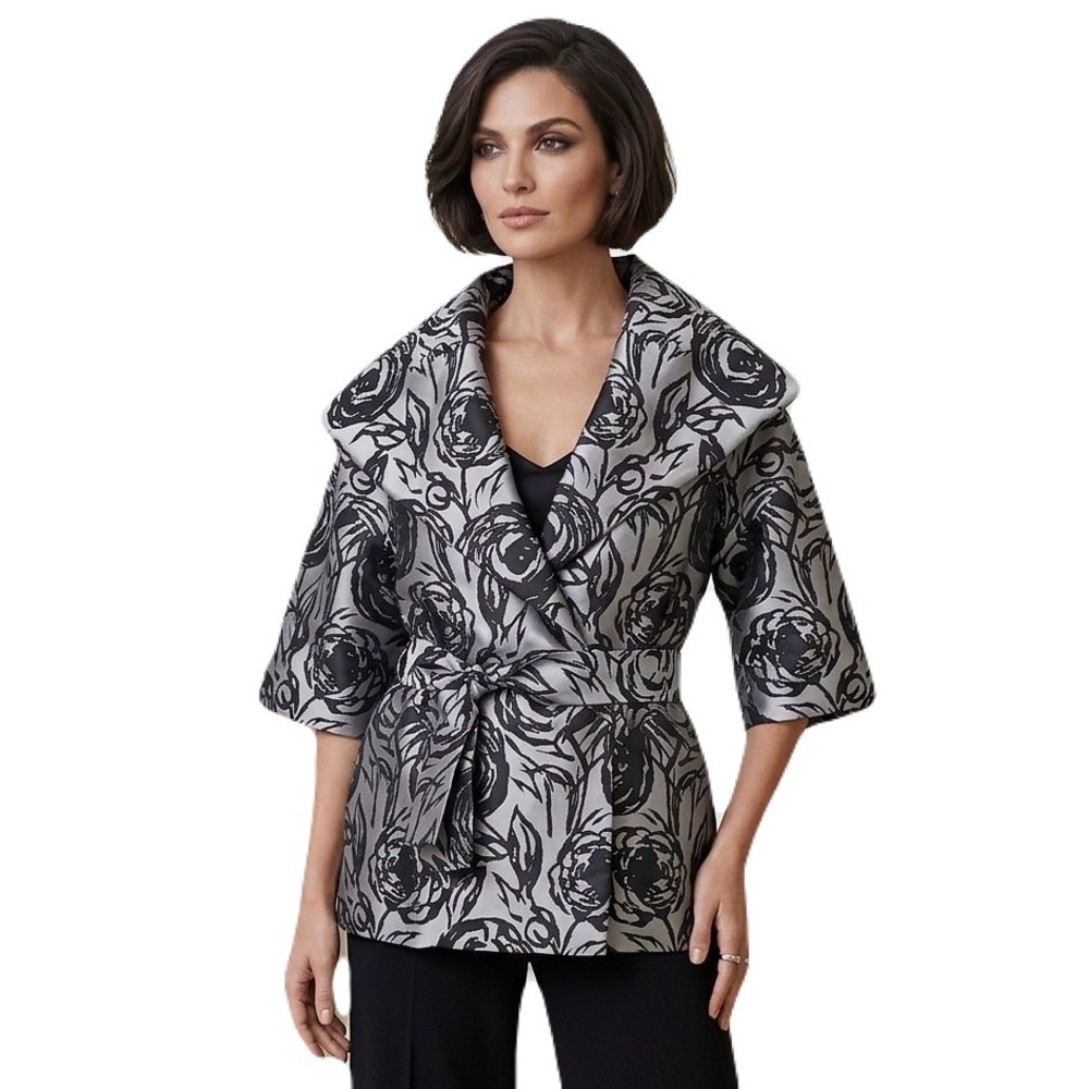 St. John Silver and Black Silk Blend Floral Wrap Belted Kimono Jacket, Size 6